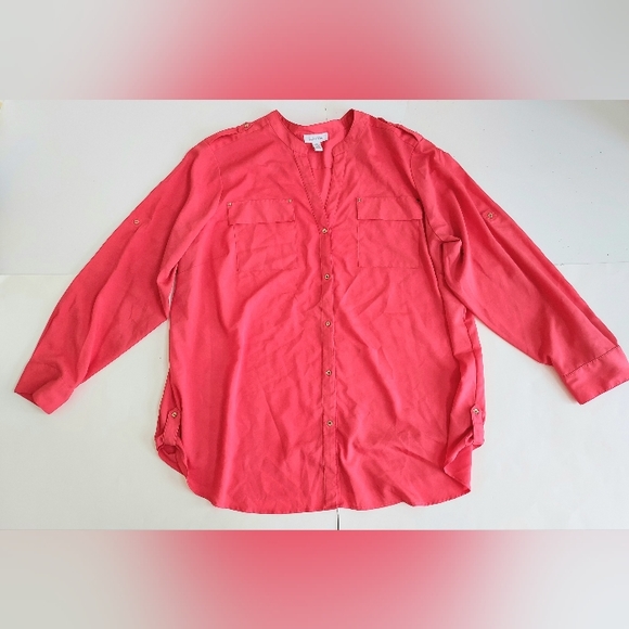 Calvin Klein Plus Ladies 3X Red Long Sleeve Button Down Blouse W/Pockets - Picture 1 of 11